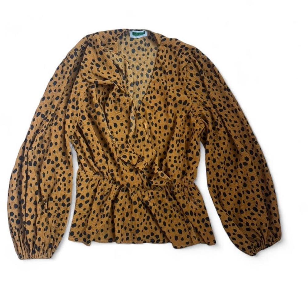 Women's brown leopard sheer peplum long sleeve top